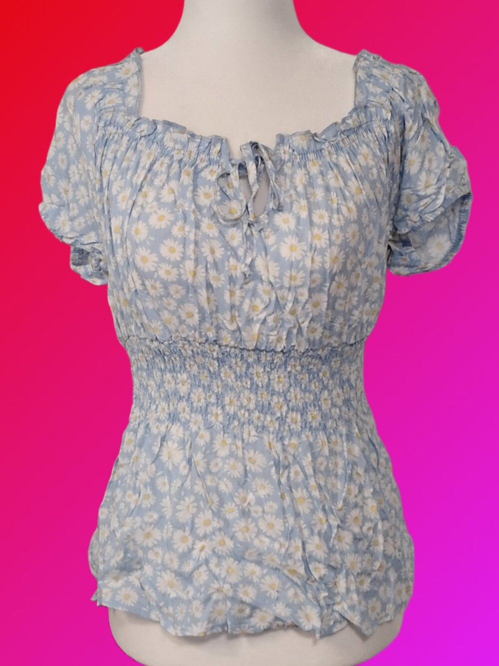 Women's Light Blue Daisy Pattern Boho Peplum Peasant Top